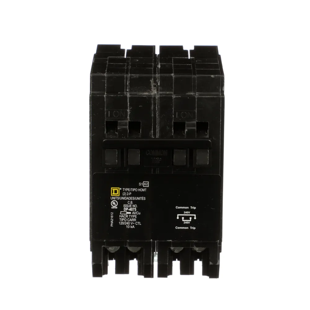 Square D Quad Tandem Mini Circuit Breaker, Homeline Series, 2 x 2-Pole 20A, 120/240VAC, 10kA, Plug-In Mount, UL Listed