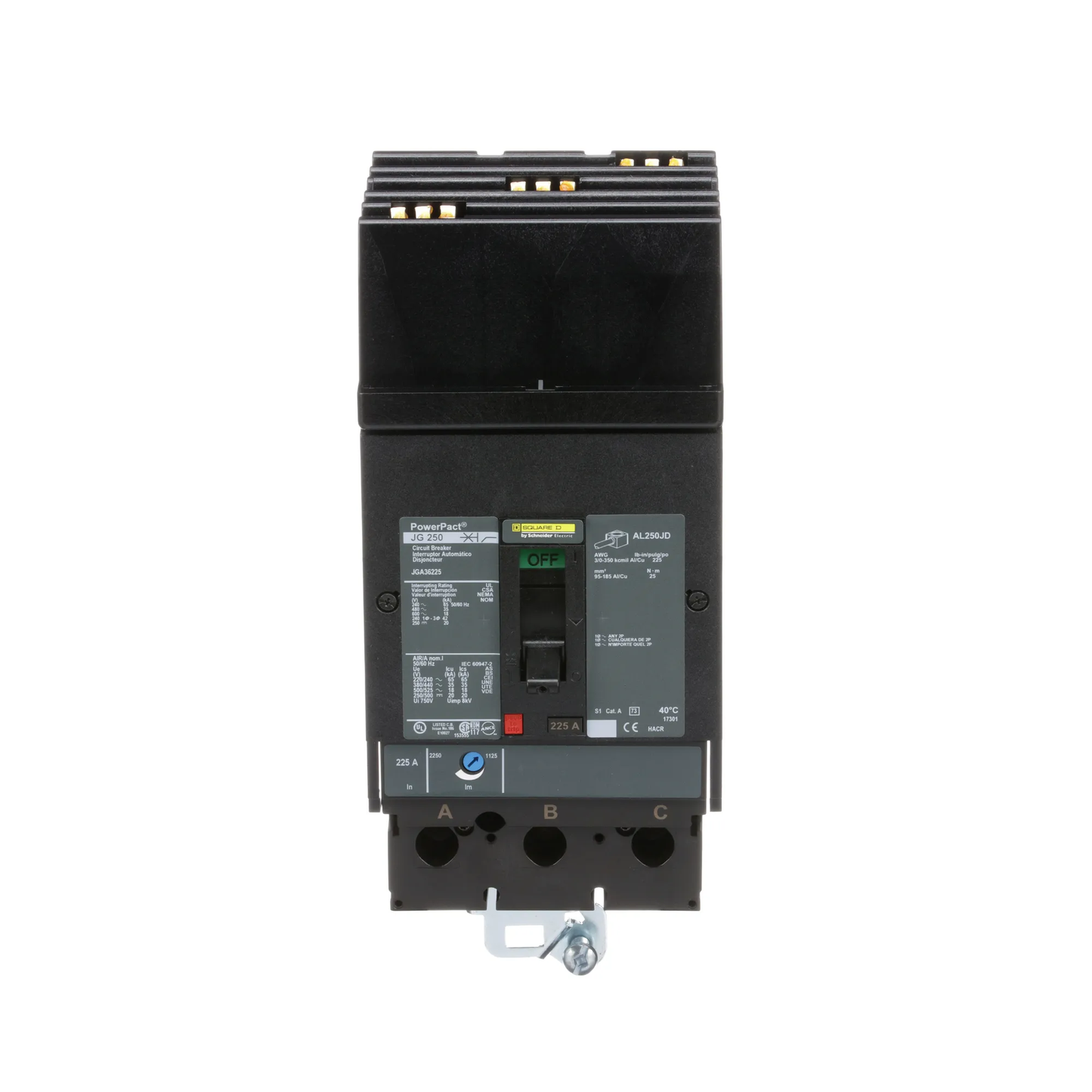 Square D PowerPact JGA 225A 600V 3P 18kA I-Line Plug-On Molded Case Circuit Breaker, Thermal Magnetic Trip, UL/CSA/CE