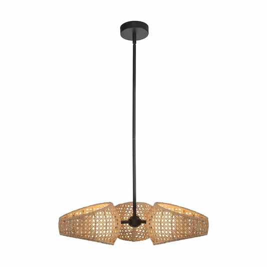 Kuzco Lanai CH20625-BK/OP 3-head LED chandelier with natural rattan shades, matte opal glass globes and Matte Black finish