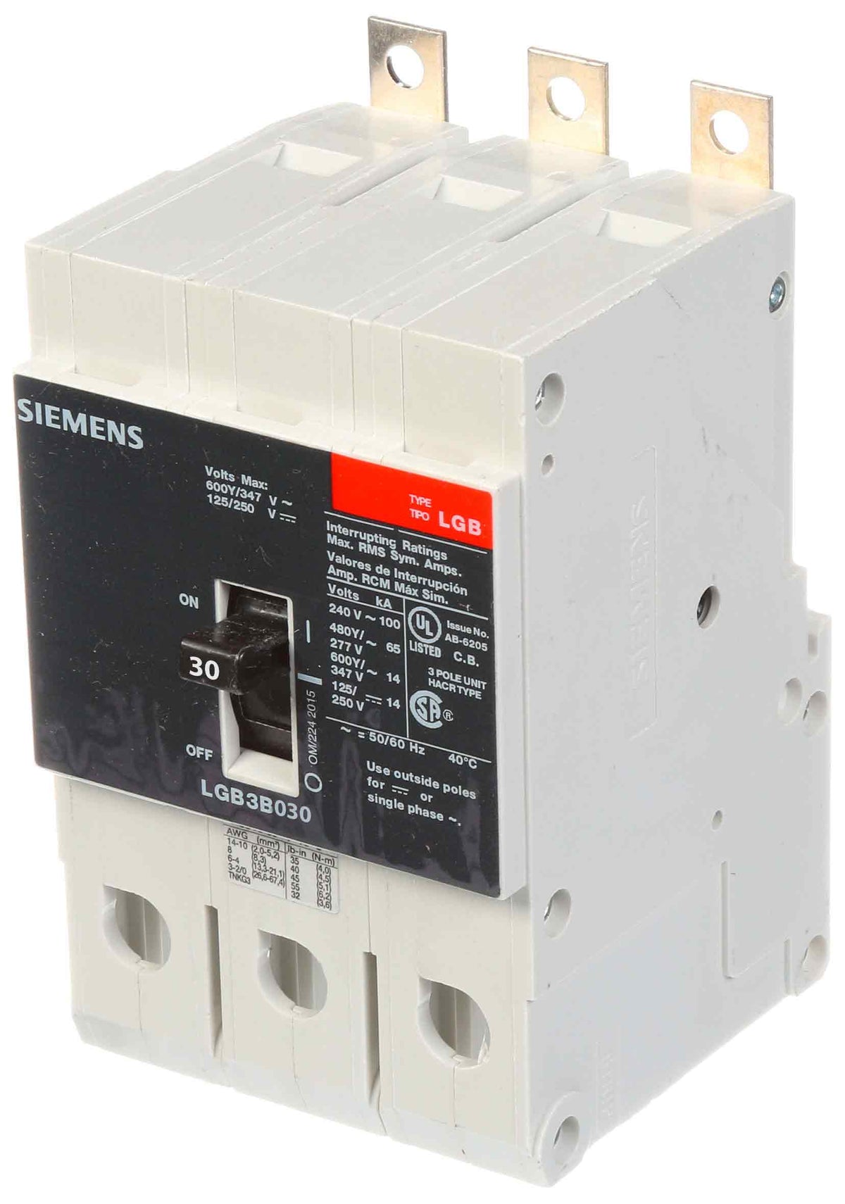 Siemens 30A 600V 3-Pole Molded Case Circuit Breaker Bolt-On Thermal Magnetic Trip