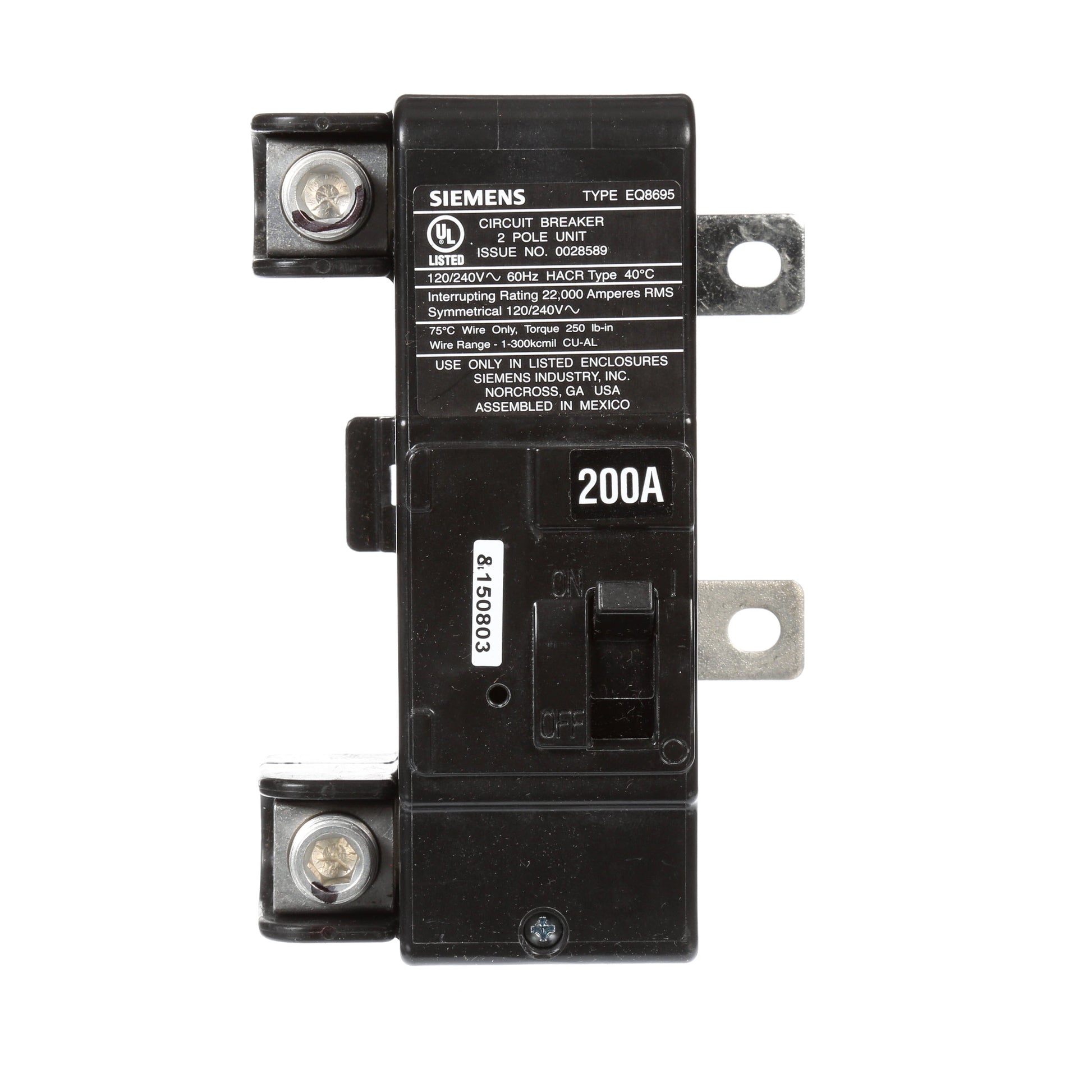 Siemens 200 Amp 2-Pole 240V Circuit Breaker 22kA Interrupt Rating M2 Frame