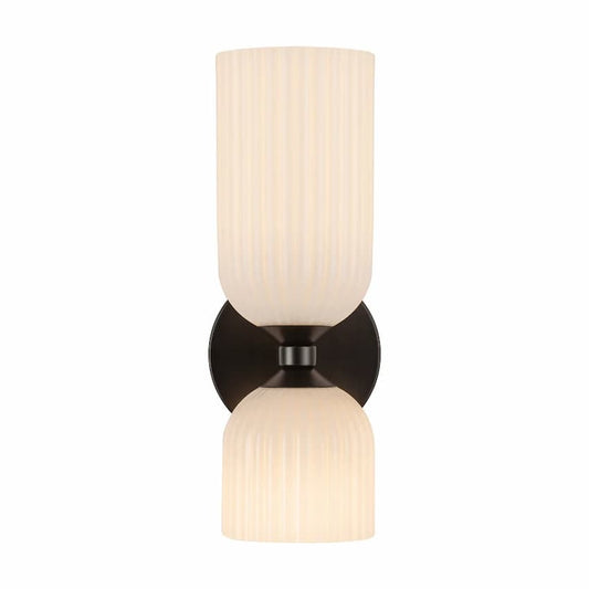 Alora Mood Nelly WV442612MBGR 12-Inch 2-Light Vanity Light in Matte Black with Glossy Opal Ribbed Glass Shades