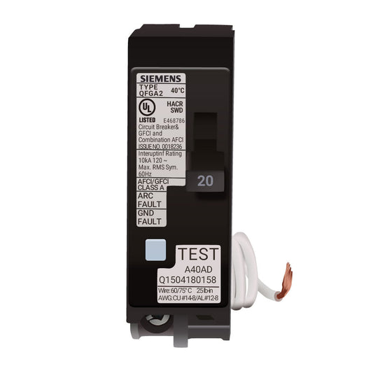Siemens 20A 120V 1-Pole Dual Function AFCI/GFCI Circuit Breaker Plug-In 10kA Interrupt Rating