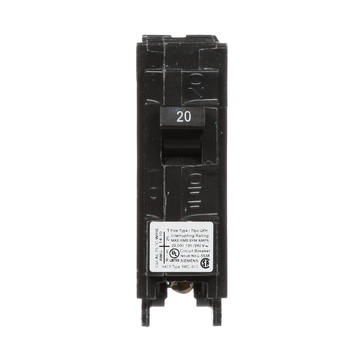 Siemens 20 Amp 1-Pole 120V 22kA Plug-In Molded Case Circuit Breaker, Type QPH