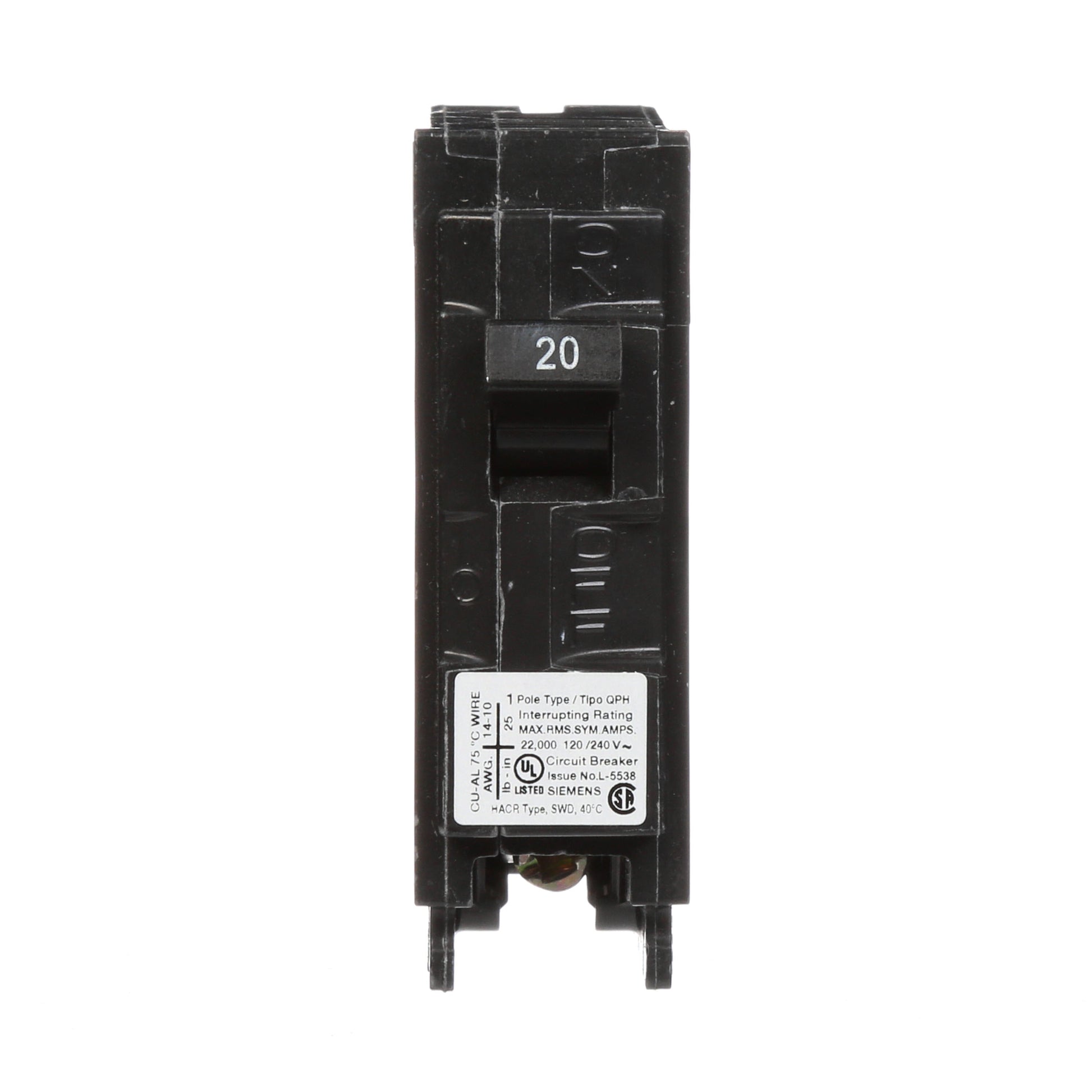 Siemens 20 Amp 1-Pole 120V 22kA Plug-In Molded Case Circuit Breaker, Type QPH