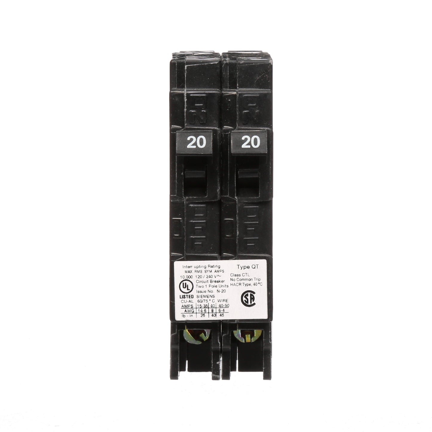 Siemens 20 Amp 2-Pole Tandem Type QT Circuit Breaker 120/240V 10kA Interrupt Rating