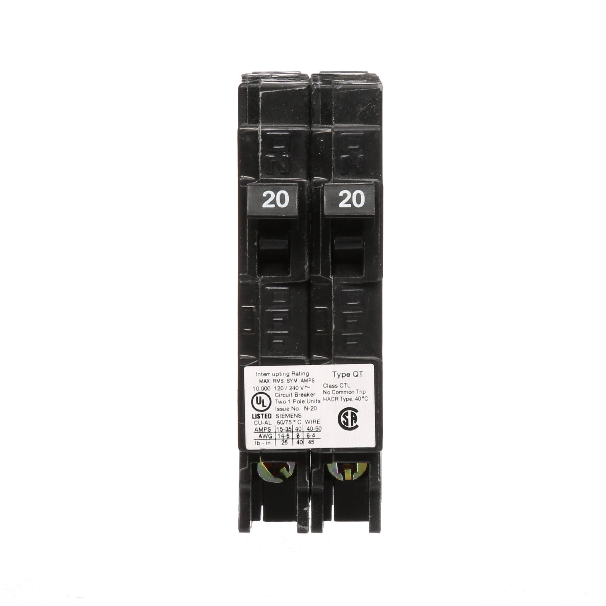 Siemens 20 Amp 2-Pole Tandem Type QT Circuit Breaker 120/240V 10kA Interrupt Rating