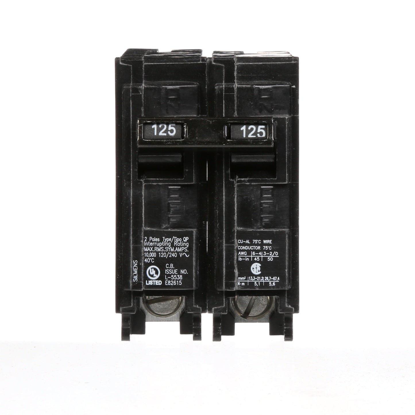 Siemens 125 Amp 2 Pole 120/240VAC Plug-In Circuit Breaker 10kA Interrupt Rating Q Frame