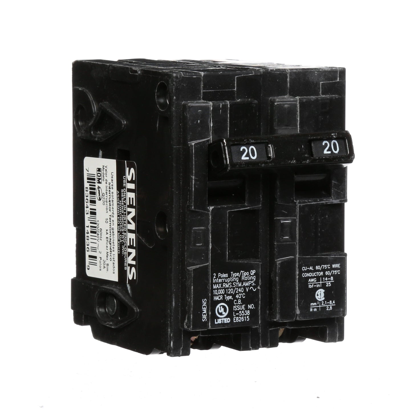 Siemens 20 Amp 120/240V 2 Pole Plug-On Thermal Magnetic Circuit Breaker Q Frame