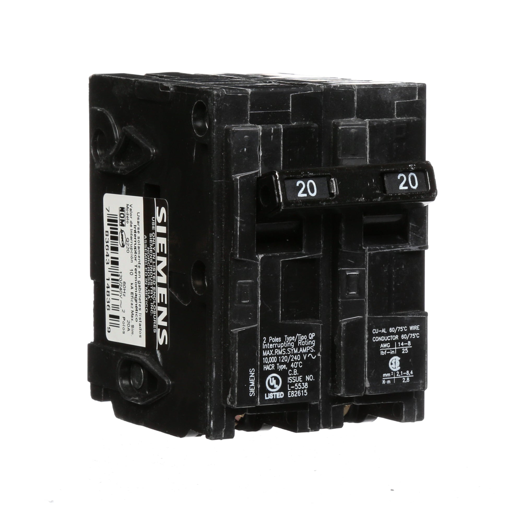 Siemens 20 Amp 120/240V 2 Pole Plug-On Thermal Magnetic Circuit Breaker Q Frame