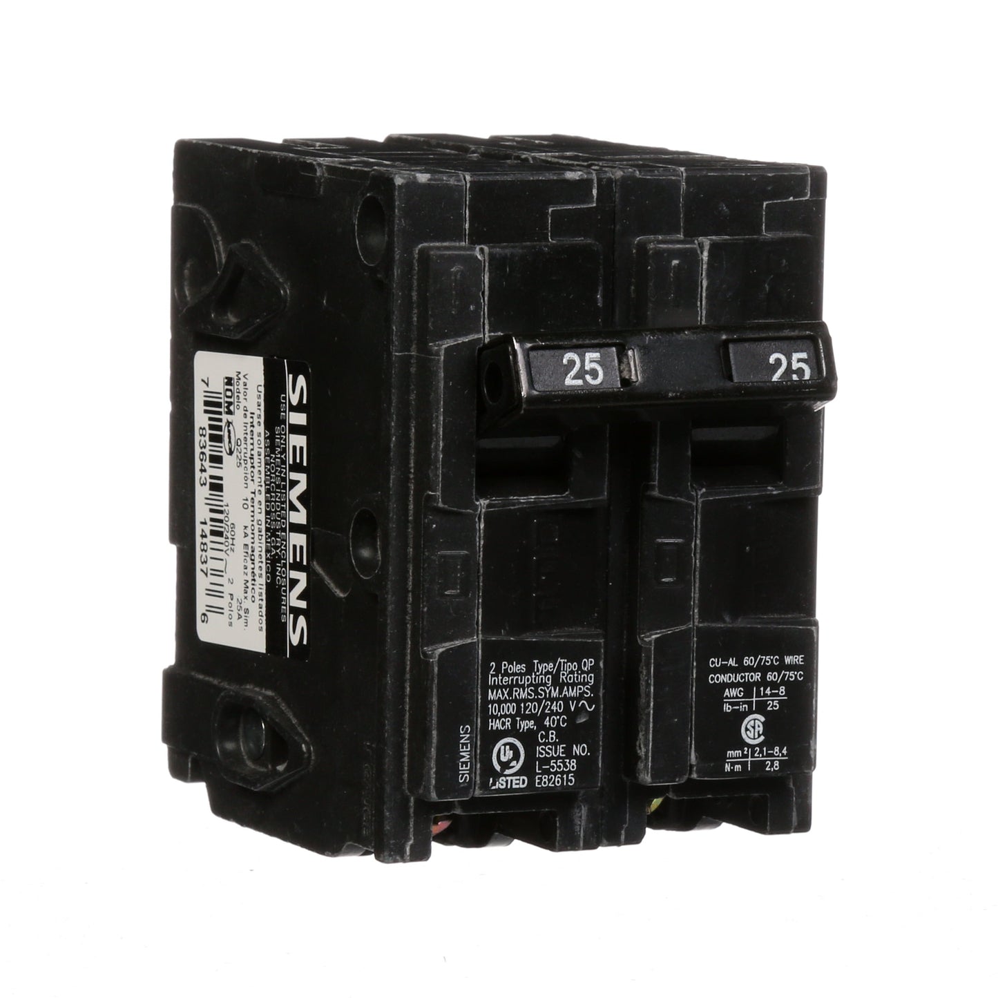 Siemens 25 Amp 2-Pole 120/240V Plug-In Type QP Circuit Breaker, 10 kA Interrupt, Thermal Magnetic Trip, Residential