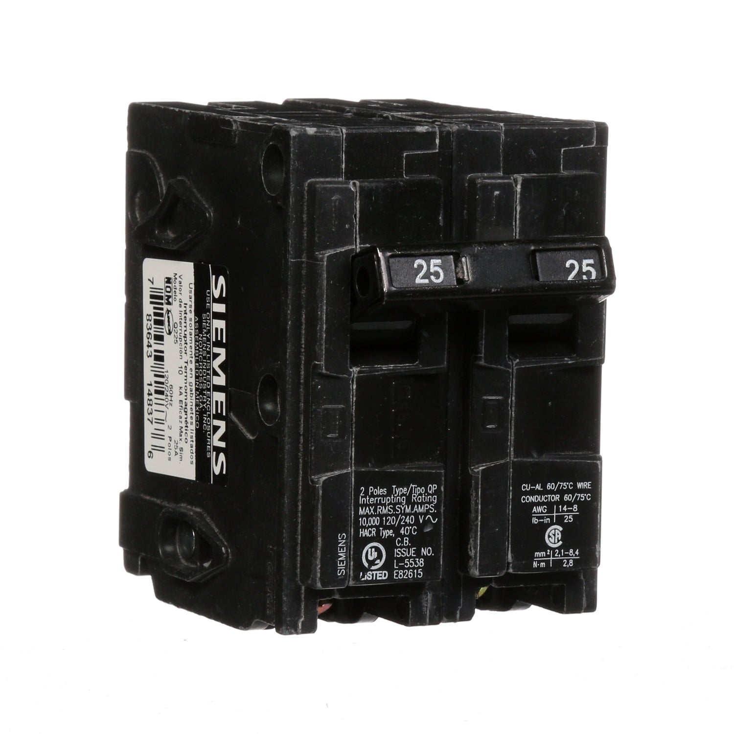 Siemens 25 Amp 2-Pole 120/240V Plug-In Type QP Circuit Breaker, 10 kA Interrupt, Thermal Magnetic Trip, Residential