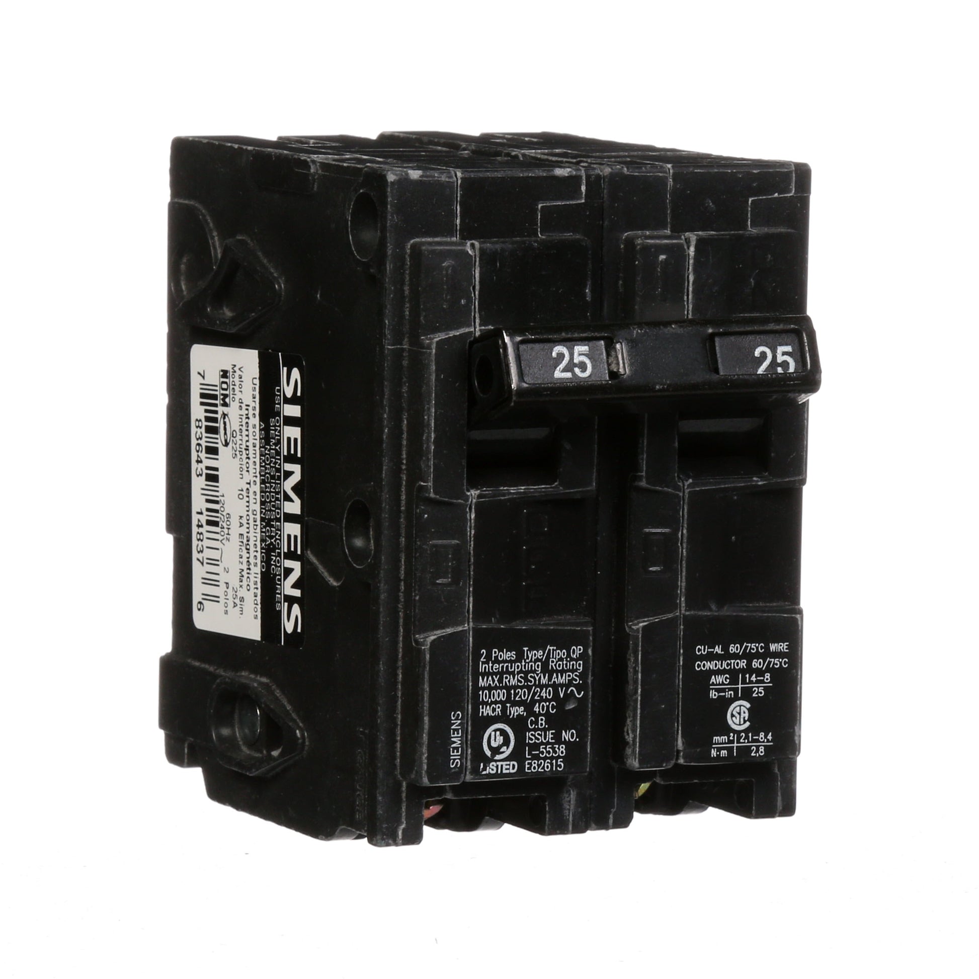 Siemens 25 Amp 2-Pole 120/240V Plug-In Type QP Circuit Breaker, 10 kA Interrupt, Thermal Magnetic Trip, Residential