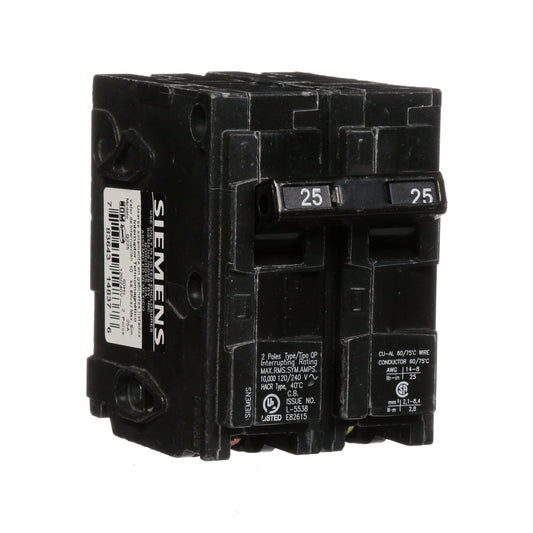 Siemens 25 Amp 2-Pole 120/240V Plug-In Type QP Circuit Breaker, 10 kA Interrupt, Thermal Magnetic Trip, Residential