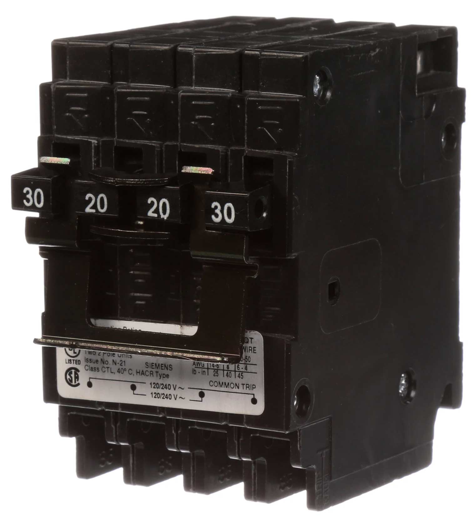 Siemens Quadplex Circuit Breaker, 2-Pole, 30A-20A, 120/240V, Plug-In, 10kA Interrupt, Thermal Magnetic Trip, UL Listed, CSA Certified, SWD & HACR Rated