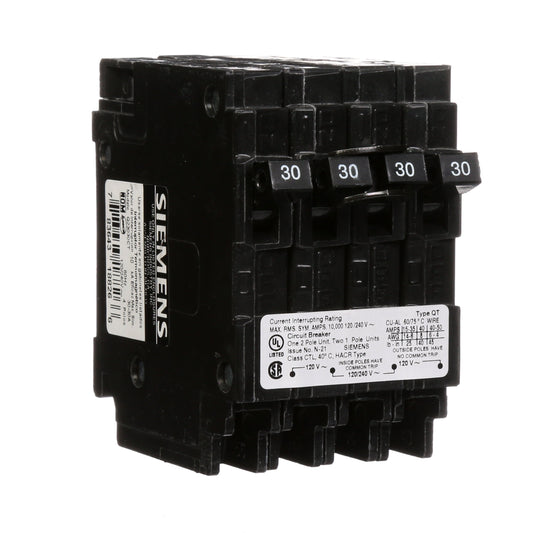 Siemens 30A 2-Pole Double and 2 Single Pole QT Quad Circuit Breaker 120/240V Plug-In