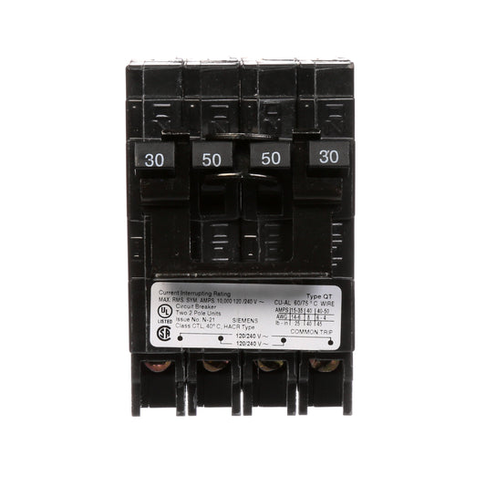 Siemens 2-Pole 30/50 Amp 120/240 VAC Quadplex Circuit Breaker 10 kA Interrupt Rating Plug-In Common Trip