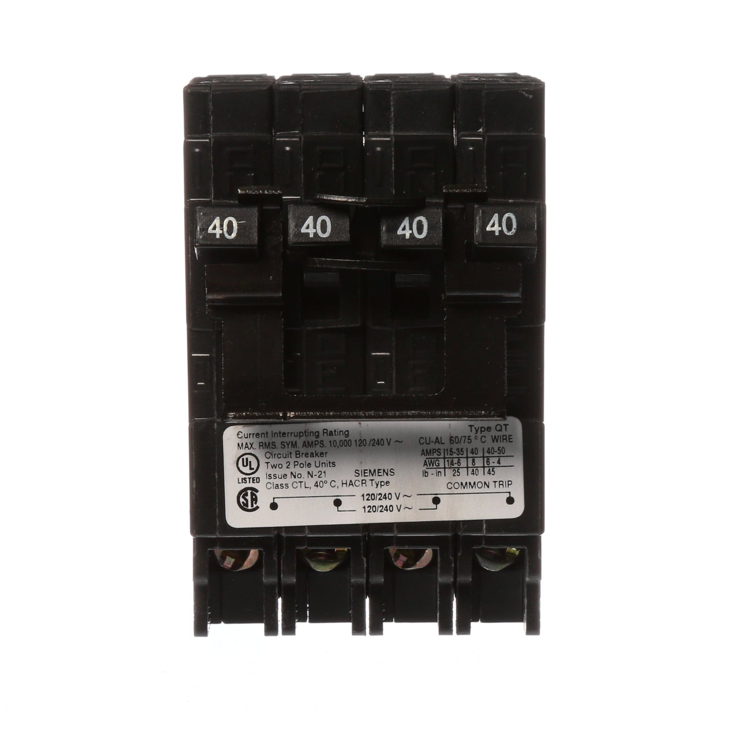 Siemens 2 Pole 40 Amp 120/240 VAC Quad Circuit Breaker Plug-In 10 kA Interrupt Rating