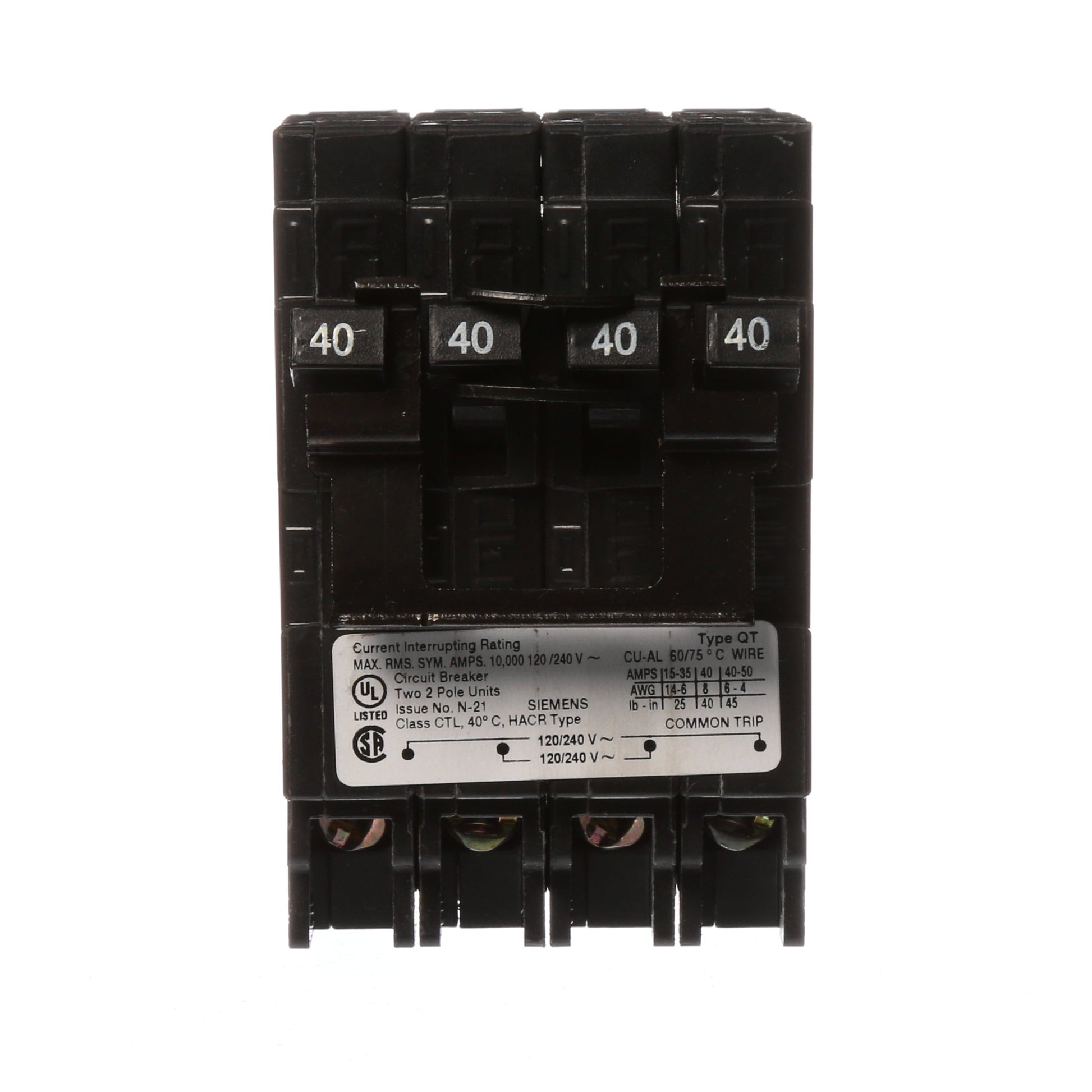 Siemens 2 Pole 40 Amp 120/240 VAC Quad Circuit Breaker Plug-In 10 kA Interrupt Rating