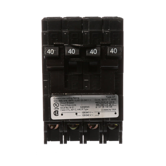 Siemens 2 Pole 40 Amp 120/240 VAC Quad Circuit Breaker Plug-In 10 kA Interrupt Rating