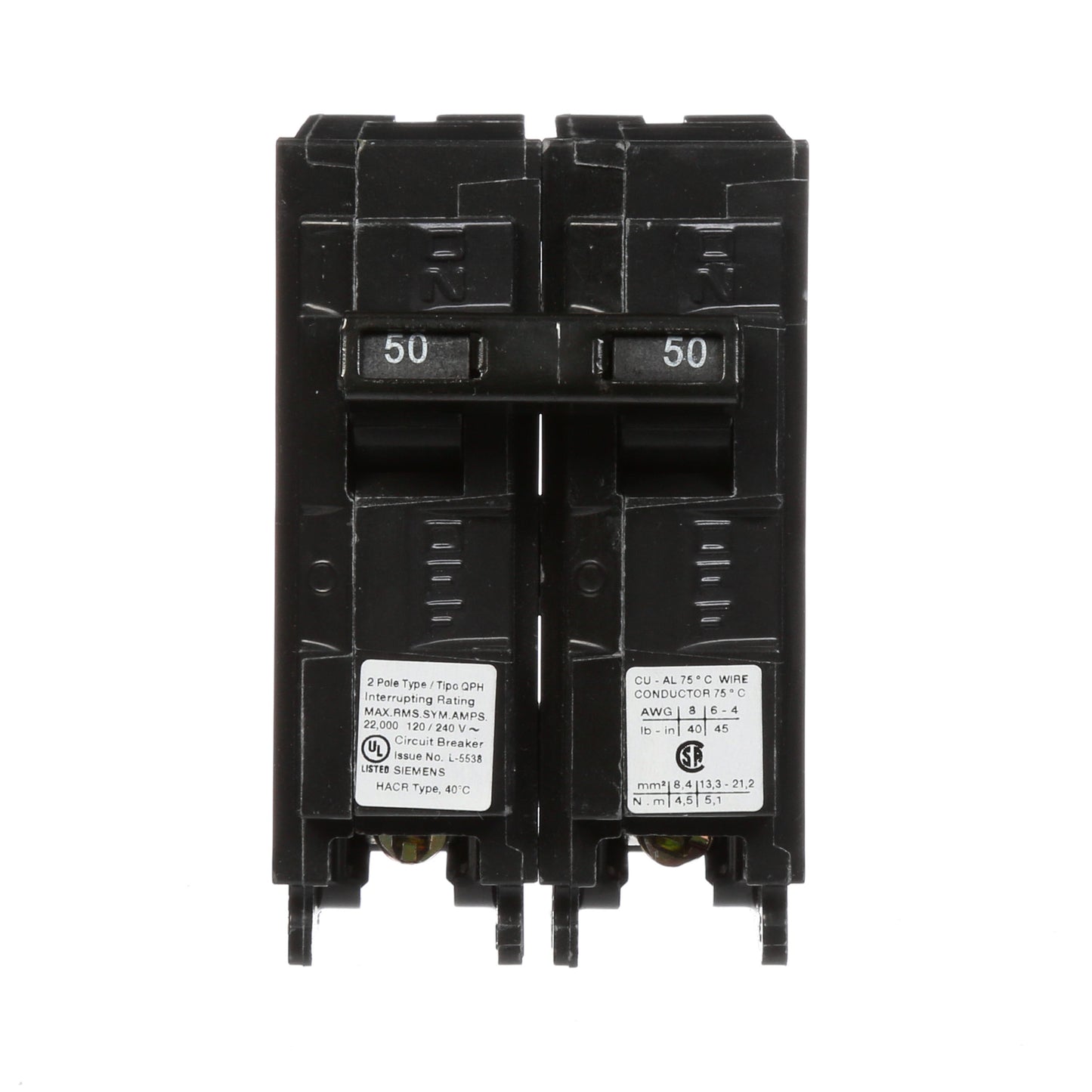 Siemens 50 Amp 2 Pole 120/240 VAC Plug-In Circuit Breaker 22kA Interrupt Rating Type QPH