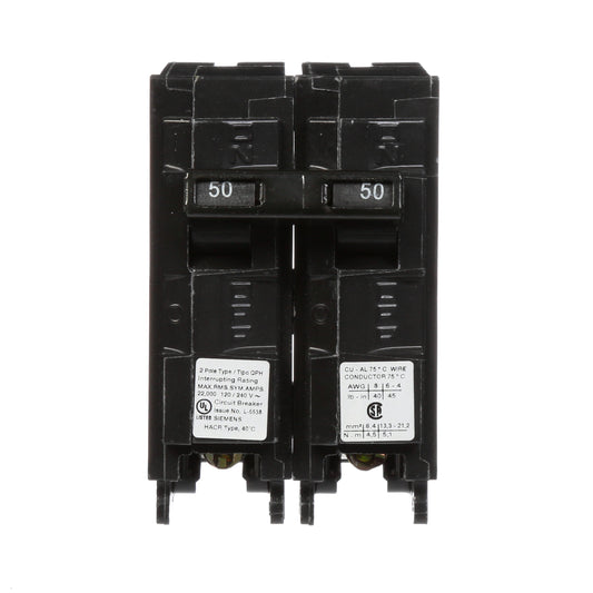 Siemens 50 Amp 2 Pole 120/240 VAC Plug-In Circuit Breaker 22kA Interrupt Rating Type QPH