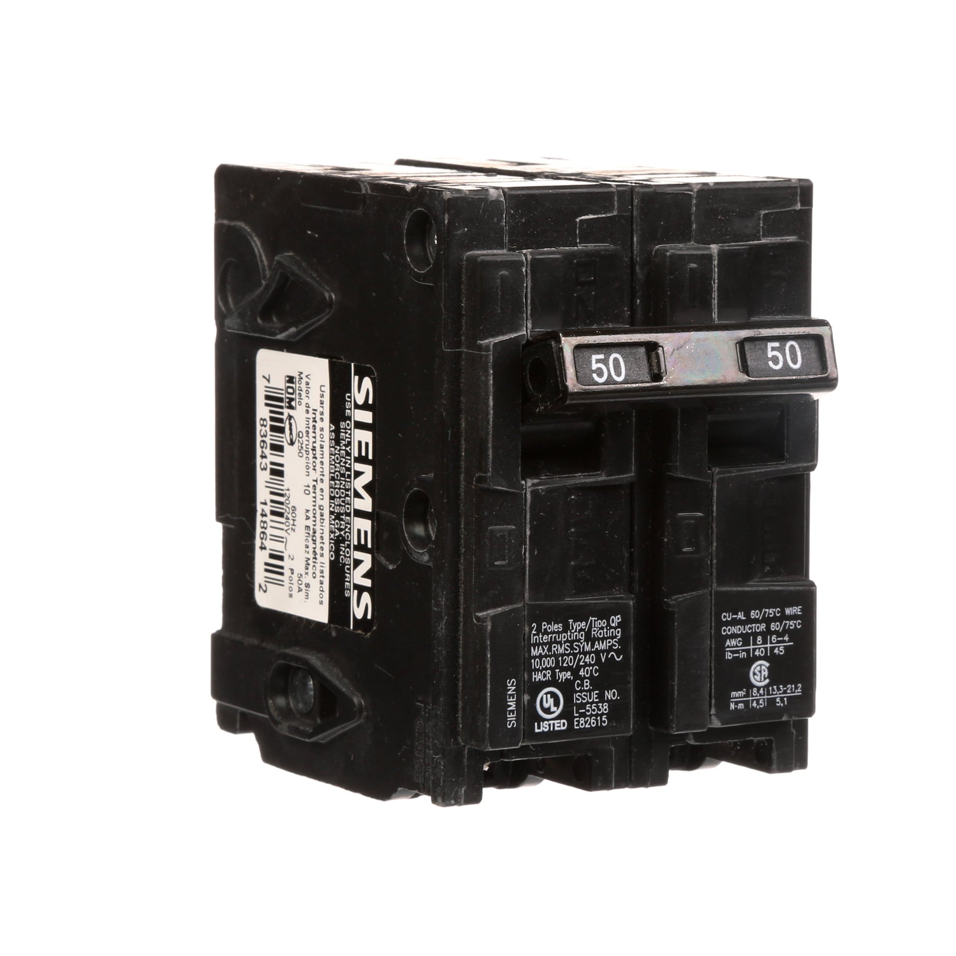 Siemens 50 Amp 2-Pole 120/240V Plug-In Type QP Circuit Breaker, 10kA Interrupt, Thermal Magnetic Trip, UL/CSA/HACR