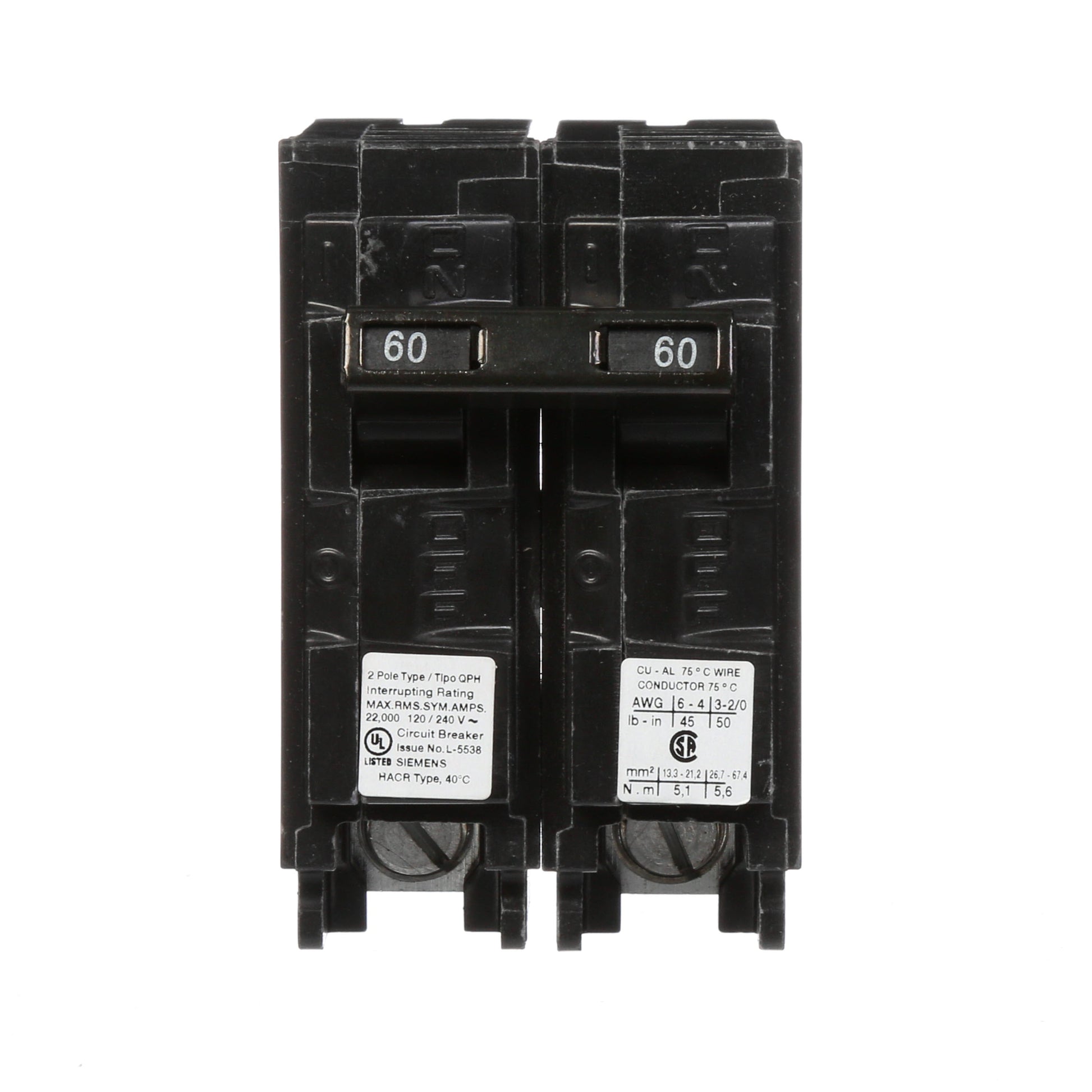 Siemens 2 Pole 60 Amp 120/240 VAC Plug-In Circuit Breaker 22 kA Interrupt Rating