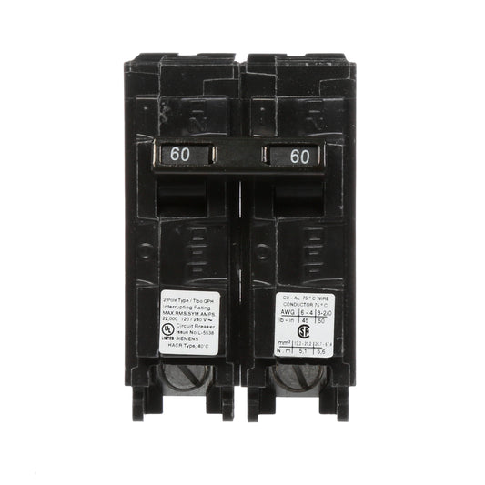 Siemens 2 Pole 60 Amp 120/240 VAC Plug-In Circuit Breaker 22 kA Interrupt Rating