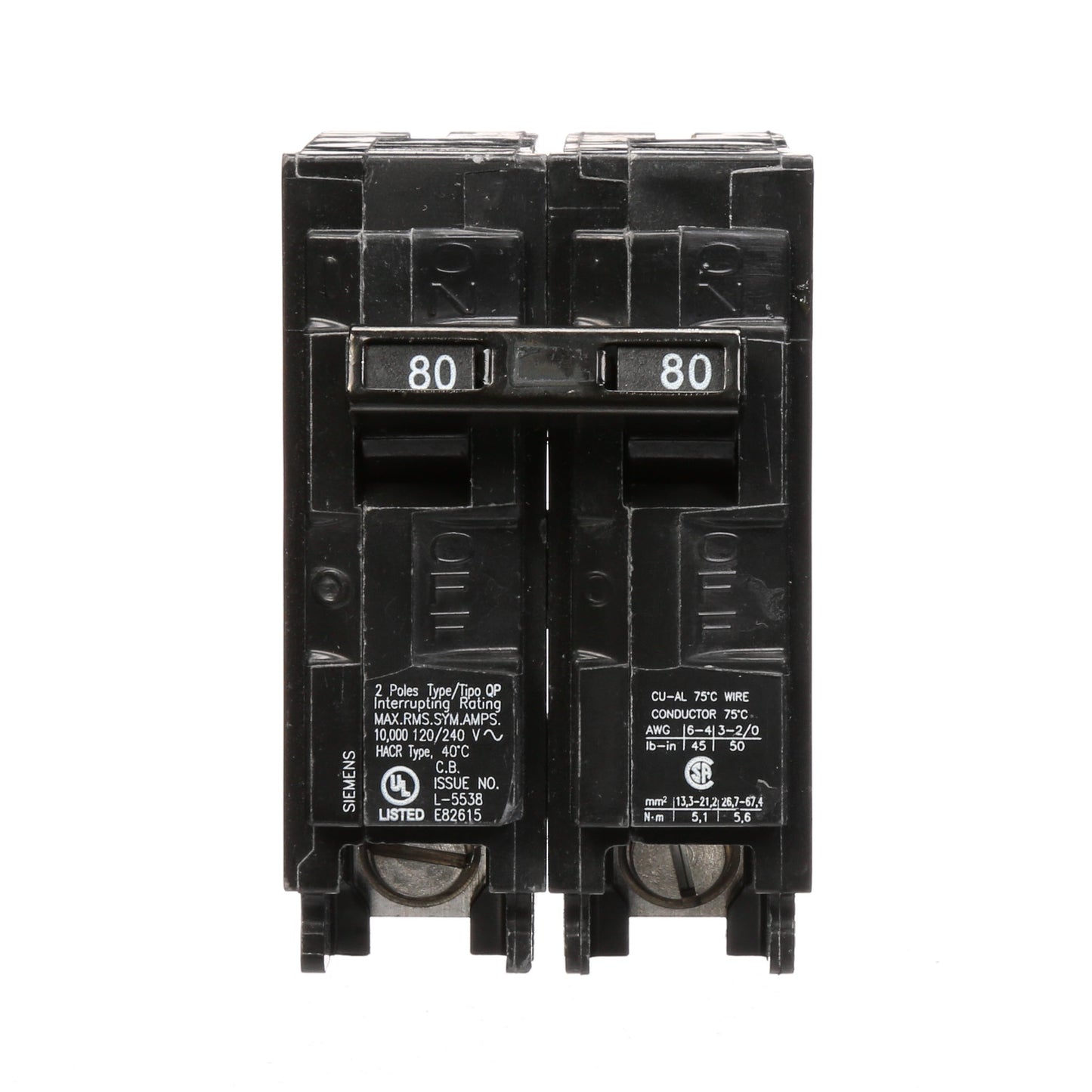 Siemens 80 Amp 2 Pole 120/240VAC Plug-In Circuit Breaker 10kAIC Thermal Magnetic