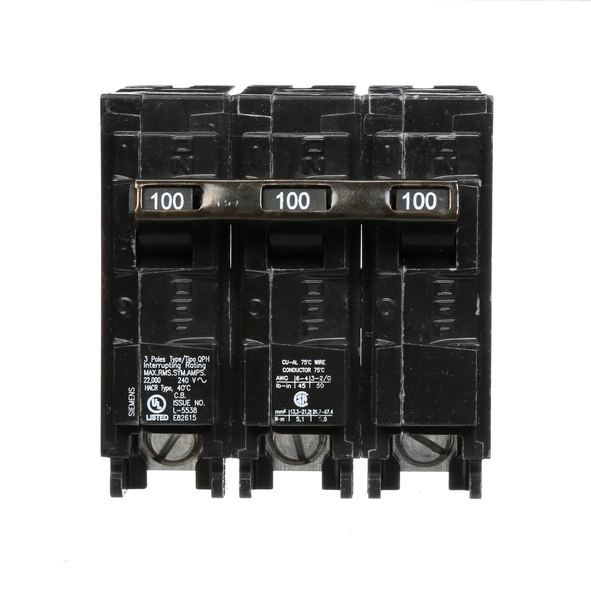 Siemens 100A 3 Pole 240V Circuit Breaker 22kA Interrupt Rating Plug-In