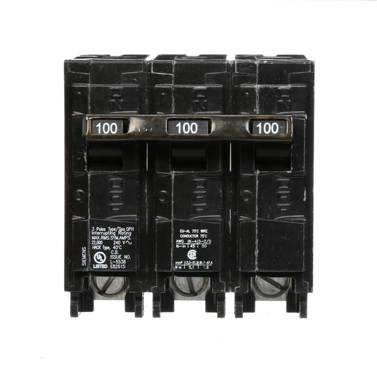 Siemens 100A 3 Pole 240V Circuit Breaker 22kA Interrupt Rating Plug-In
