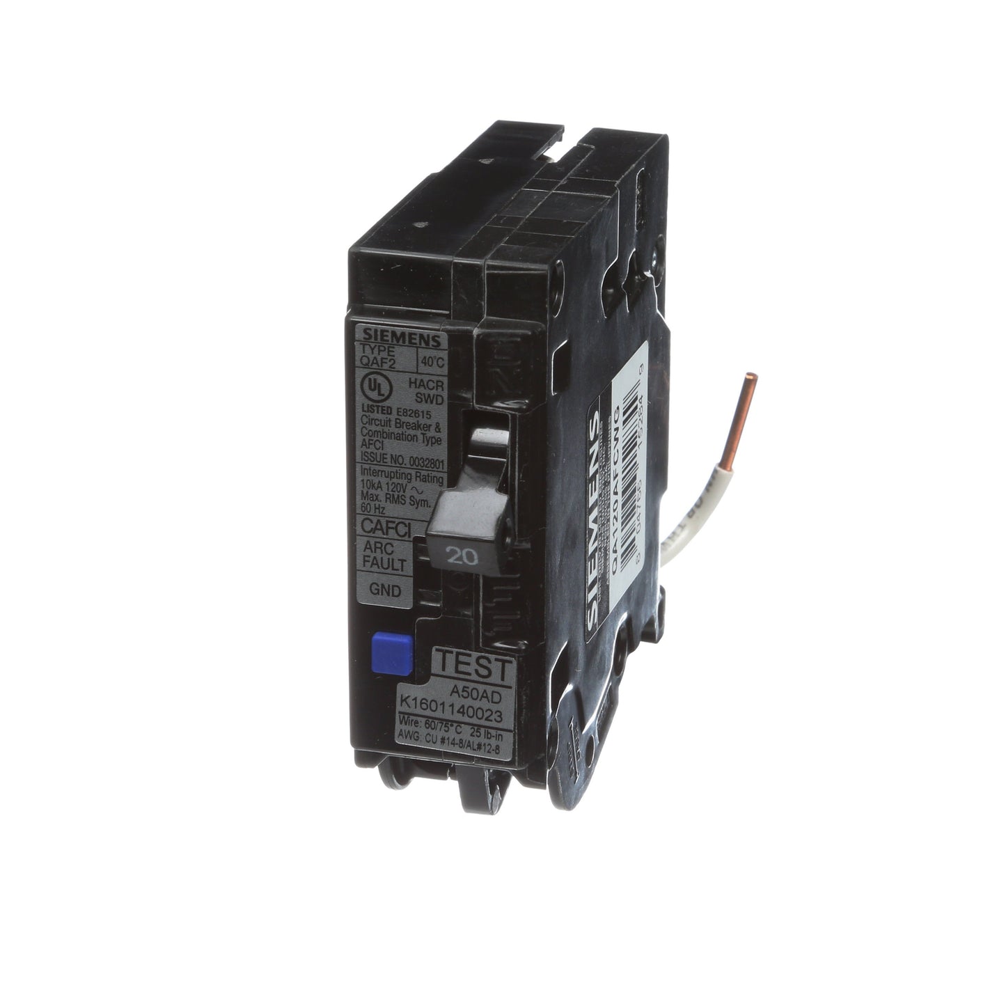 Siemens 20 Amp 120V 1-Pole Combination Arc Fault Circuit Breaker Plug-In 10kA Interrupt Rating