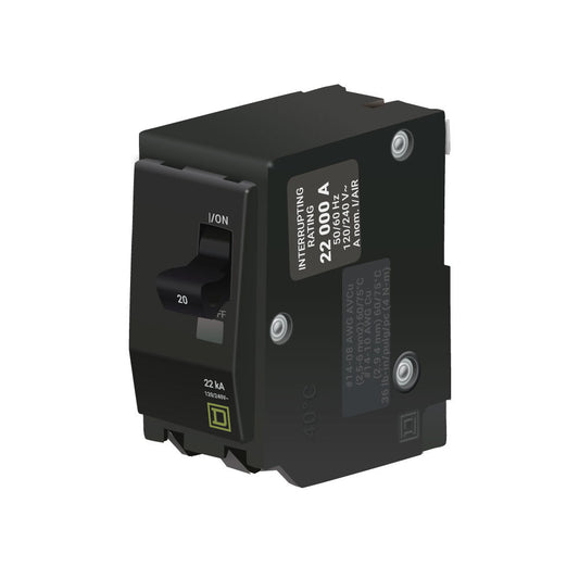 Square D 20 Amp 2 Pole 120/240V Plug-In Circuit Breaker 22kA Interrupt Rating QO Series