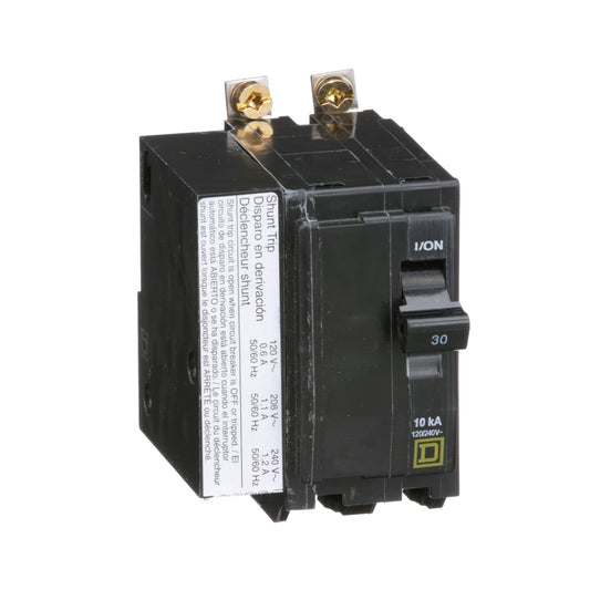 Square D 30 Amp 2 Pole 120/240VAC Bolt-On Miniature Circuit Breaker with Shunt Trip, 10kA Interrupt, QO Series, Thermal Magnetic Trip, UL/CSA Listed