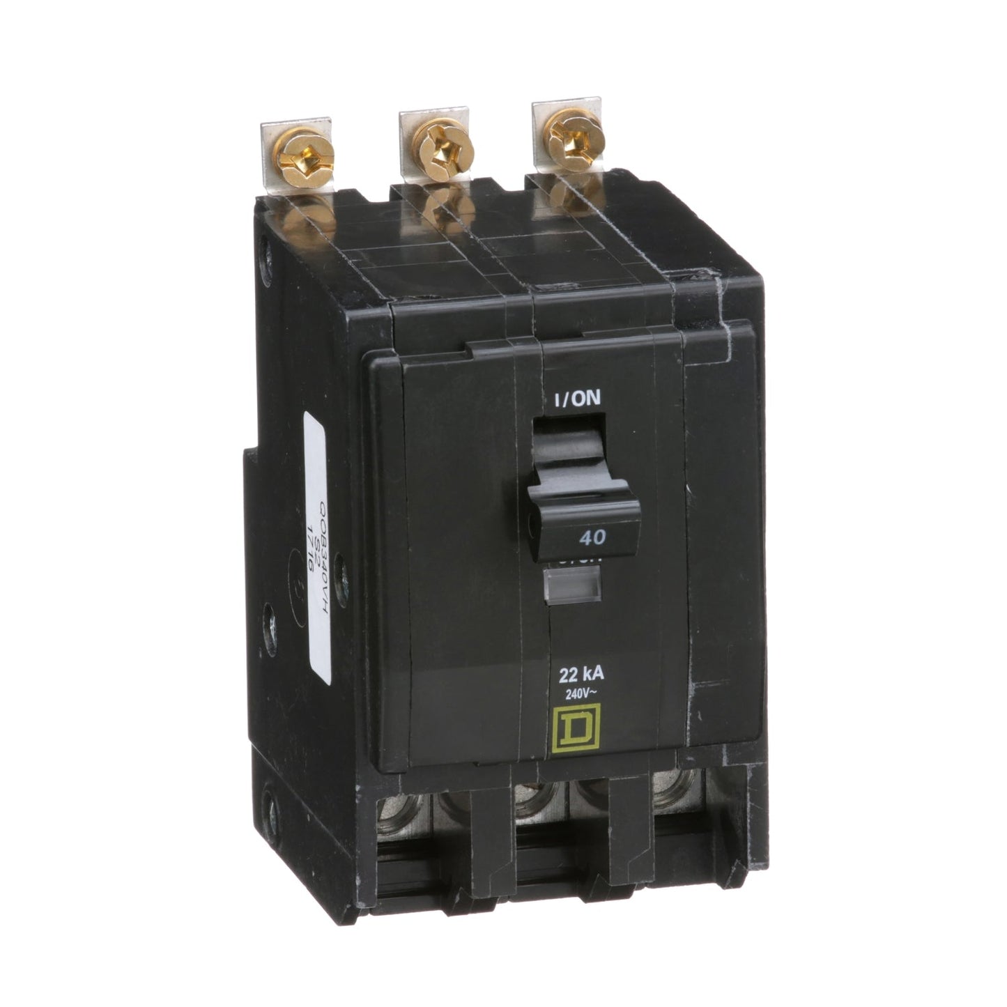 Square D 40 Amp 3 Pole 120/240VAC Mini Bolt-On Circuit Breaker, QOB Series, 22kA Interrupt Rating, Thermal Magnetic Trip