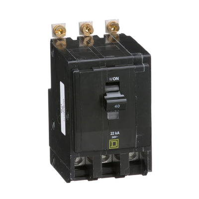 Square D 40 Amp 3 Pole 120/240VAC Mini Bolt-On Circuit Breaker, QOB Series, 22kA Interrupt Rating, Thermal Magnetic Trip