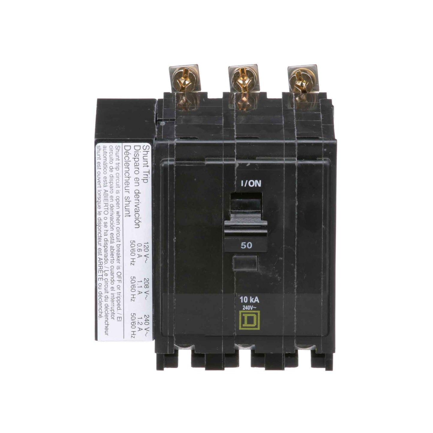 Square D 50A 3 Pole 120/240VAC 10kA Bolt-On Miniature Circuit Breaker with Shunt Trip, QOB Series, Thermal Magnetic Trip Unit, UL/CSA