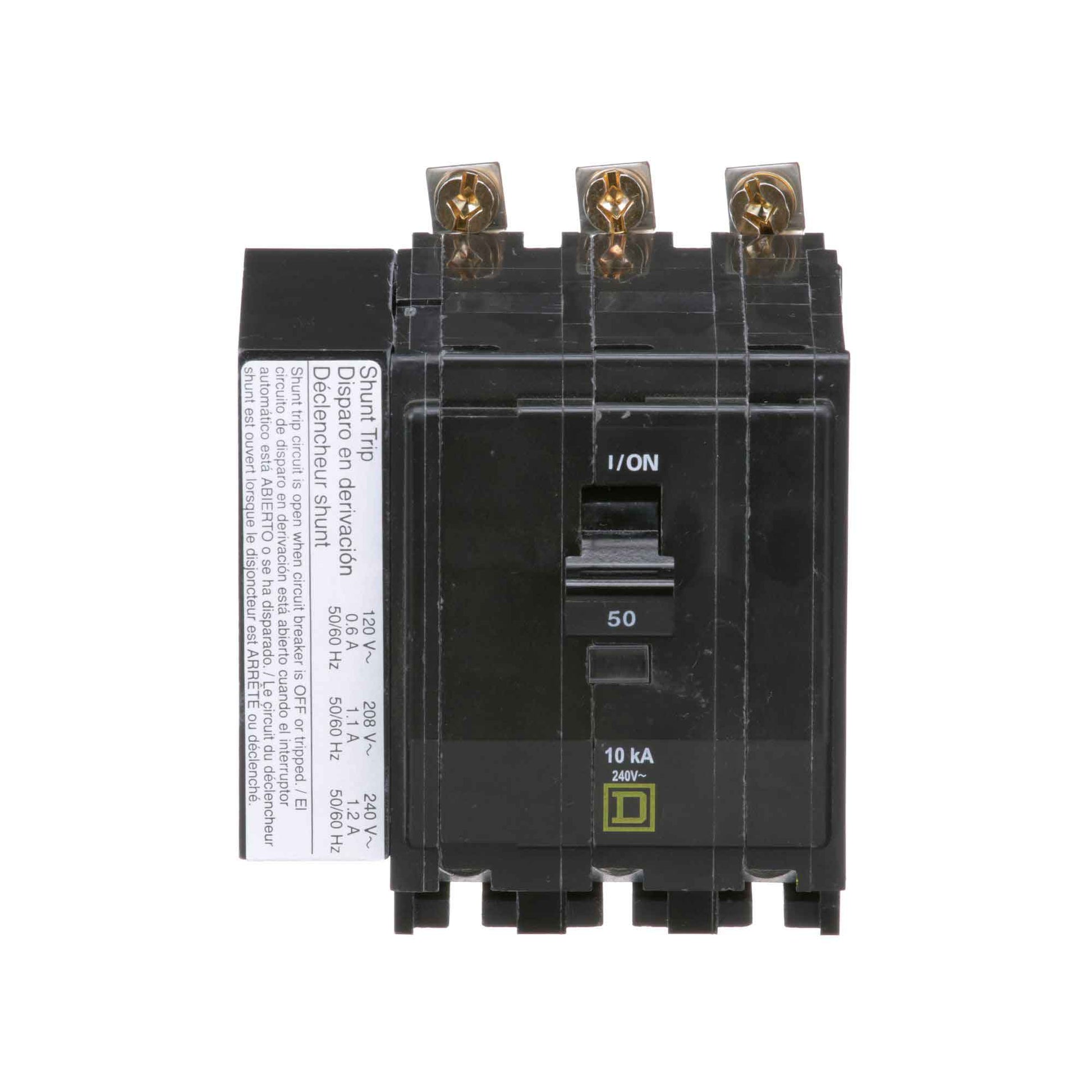 Square D 50A 3 Pole 120/240VAC 10kA Bolt-On Miniature Circuit Breaker with Shunt Trip, QOB Series, Thermal Magnetic Trip Unit, UL/CSA