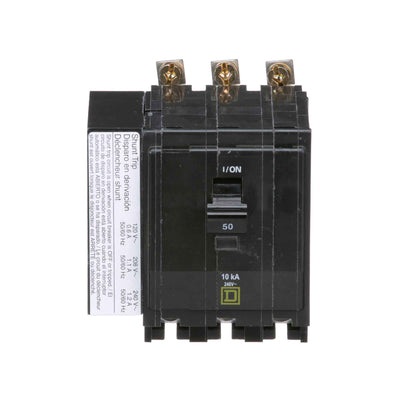 Square D 50A 3 Pole 120/240VAC 10kA Bolt-On Miniature Circuit Breaker with Shunt Trip, QOB Series, Thermal Magnetic Trip Unit, UL/CSA