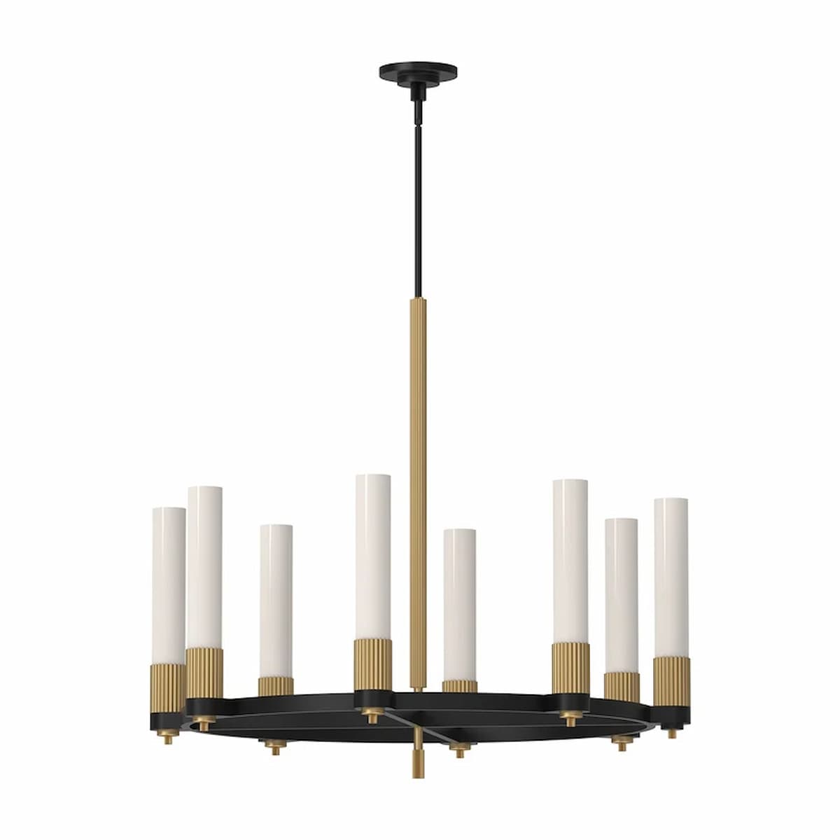 Alora Mood Rue CH416108MBBG chandelier featuring Matte Black steel frame, glass details and eight E26 Type T lights, illuminated product view