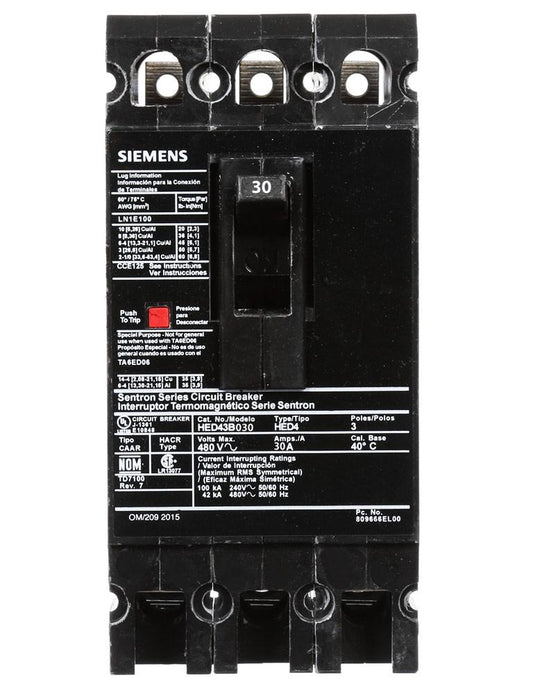 Siemens 30A 480V 3 Pole Molded Case Circuit Breaker, Bolt-On, 42kAIC, Sentron Series