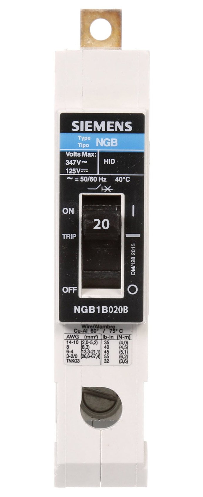Siemens 1-Pole 20A 347VAC 14kA NGB Series Molded Case Circuit Breaker, Bolt-On Mount, Thermal/Magnetic Trip, UL489