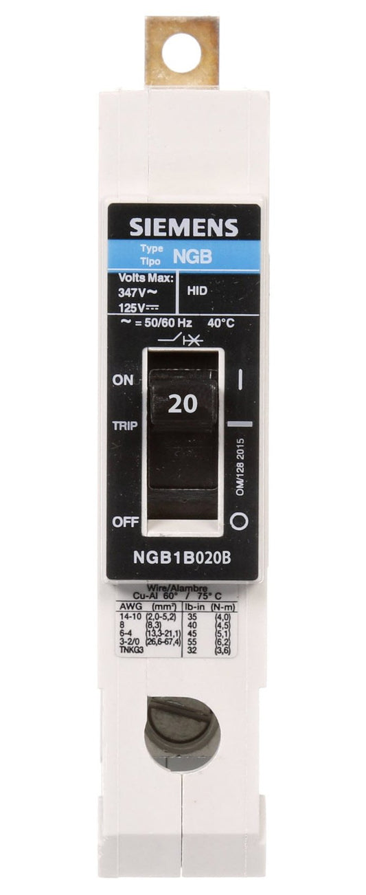 Siemens 1-Pole 20A 347VAC 14kA NGB Series Molded Case Circuit Breaker, Bolt-On Mount, Thermal/Magnetic Trip, UL489