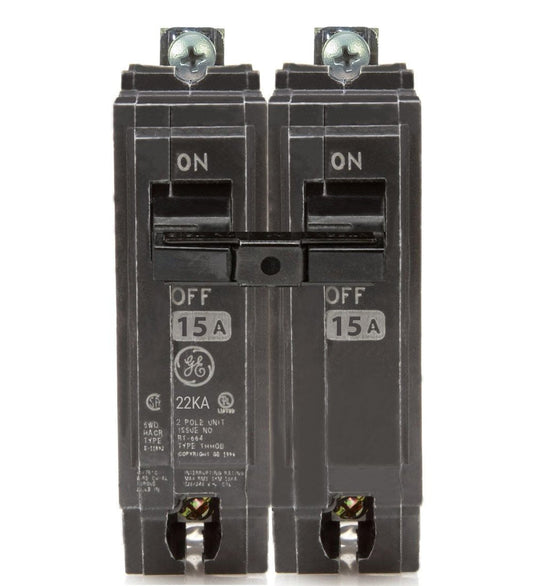 General Electric 15 Amp 2 Pole 120/240V 22kA Bolt-On Circuit Breaker, Q-Line Series, Thermal Magnetic Trip, UL Listed