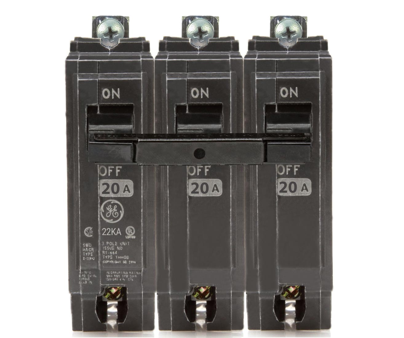 General Electric 3 Pole 20 Amp 240V Bolt-On Molded Case Circuit Breaker, THQB Series, 10kA Interrupt Rating, UL Listed