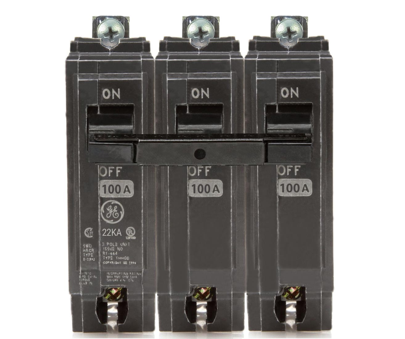 General Electric 100 Amp 240 VAC 3 Pole Bolt-On Circuit Breaker, 22kA Interrupt Rating, THHQB Frame