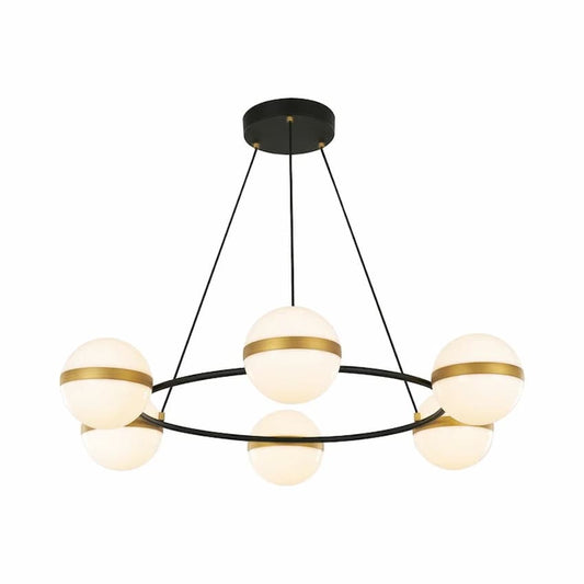 Alora Tagliato CH302006MBBG 36-inch LED chandelier with matte black frame, brushed gold accents and white acrylic globes