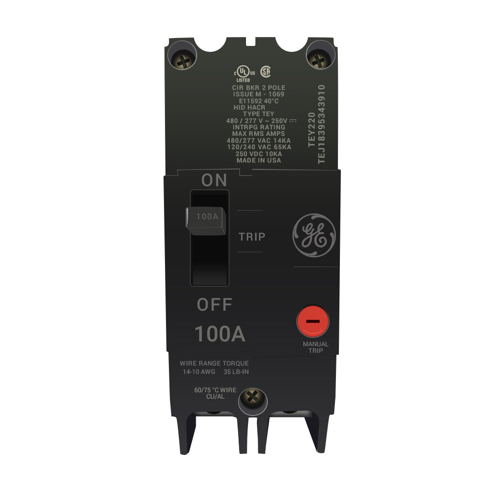 General Electric 100A 2P 277/480VAC Bolt-On Molded Case Circuit Breaker, TEY Series, 14kA Interrupt, Thermal Magnetic Trip, UL/CSA