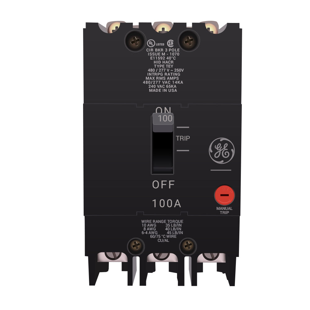 General Electric 100A 3-Pole 480V Bolt-On Molded Case Circuit Breaker, 14kA Interrupt Rating